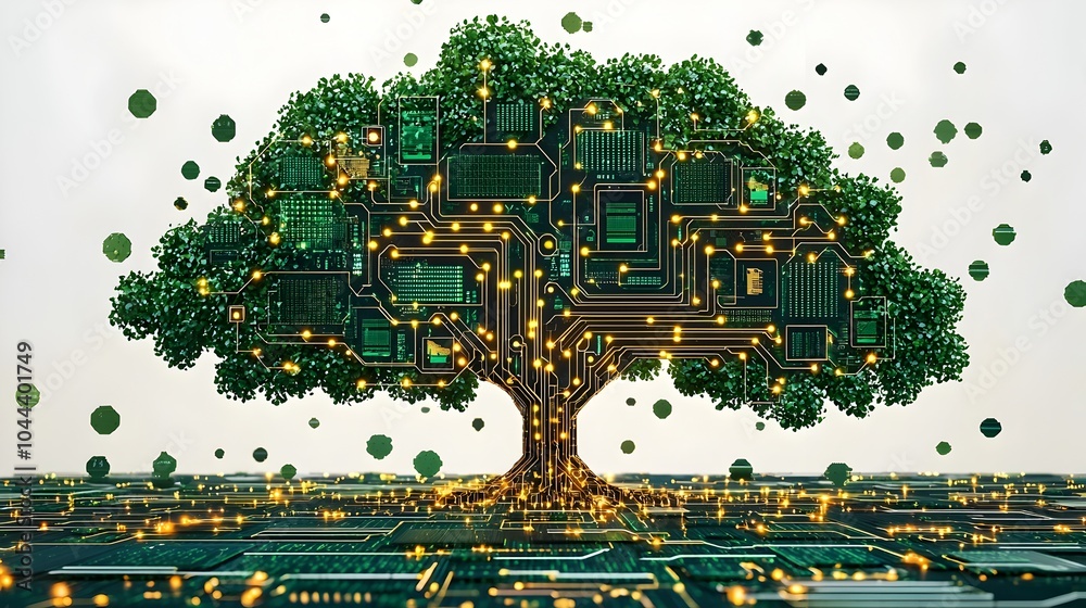 Poster digital tree expanding from computer chips growth through data and technology flat design isolate on