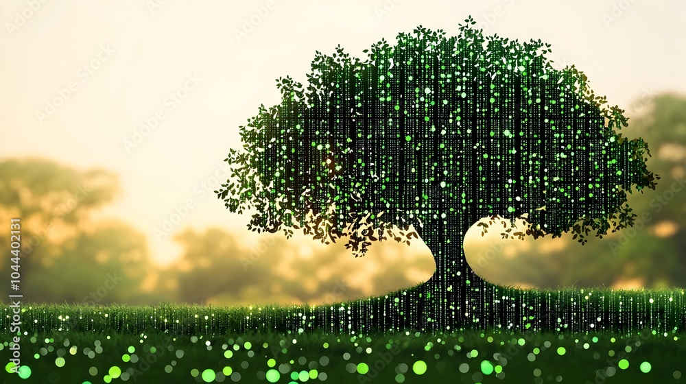 Poster binary code turning into a growing tree representing the intersection of data technology and natural