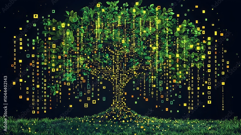 Poster binary code and digital data transforming into a growing thriving tree with green leaves in a minima