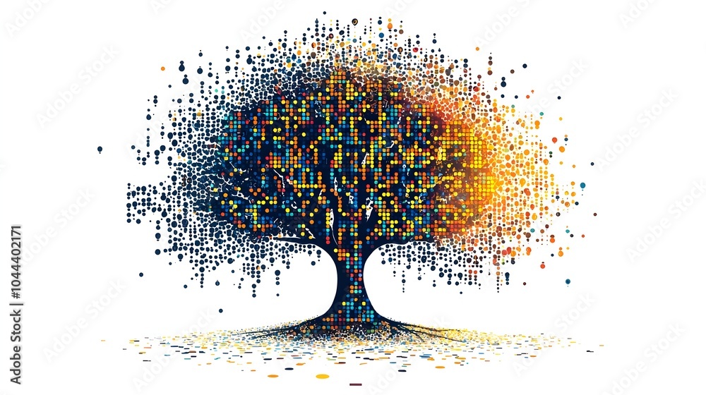 Poster binary code transforming into growing organic tree flat design depicting the concept of data and nat