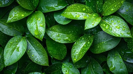 Lush Green Leaves with Dew Drops