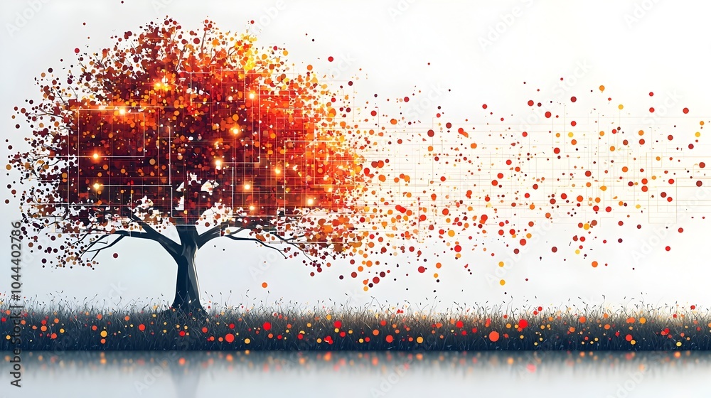 Poster digital growth of tree branches emerging and expanding from data lines symbolizing the growth and ev