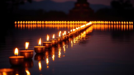 Temple illuminated by rows of oil lamps, golden light reflecting on the water