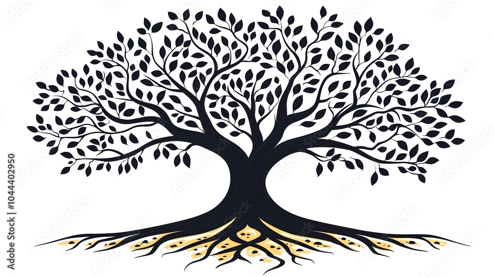 Poster flat design of tree roots expanding into an interconnected network representing growth strength and 