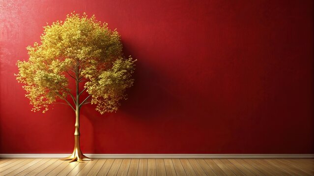 red wall paint with golden tree and safa
