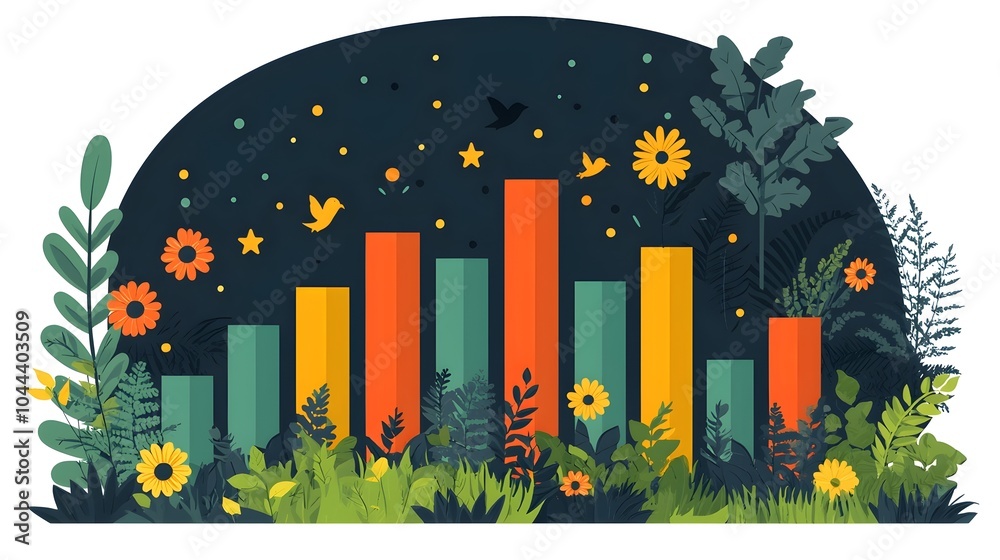 Poster bar chart expanding into a tree representing growth and development through effective data driven de