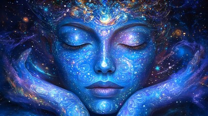 A serene expression on the being's face as it connects with the universe radiating peace and wisdom