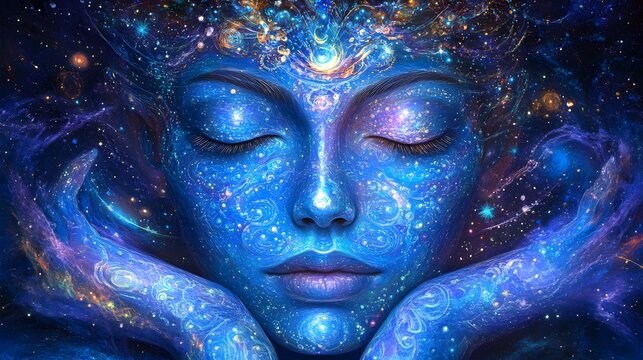 A serene expression on the being's face as it connects with the universe radiating peace and wisdom
