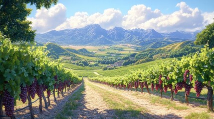 Fototapeta premium Exploring a picturesque vineyard during harvest season. Featuring grapevines, grapes, and a scenic landscape. Emphasizing wine-making and rural beauty. Ideal for travel and agriculture content.