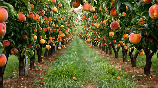 This Rows of peach trees carry an abundance of ripe peaches ready for picking in summer.