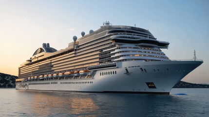 A large cruise ship docked in a serene harbor at sunset.