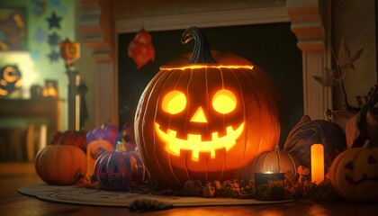 Obraz premium Celebrate Halloween with festive pumpkin-themed cakes and glowing jack-o'-lanterns. These iconic symbols add a playful and spooky touch to the holiday, making every celebration delightfully eerie.