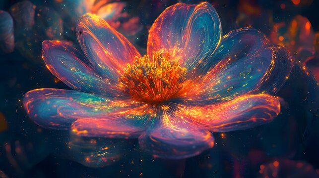 Cosmic flora blooming around the being each petal glowing with the essence of stars and dreams