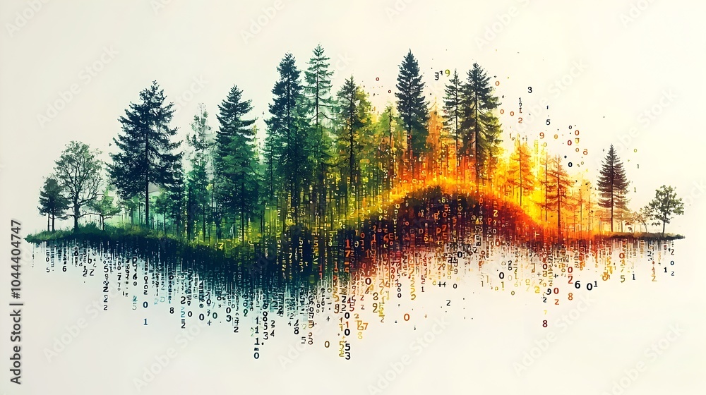 Poster flat of digital numbers transforming into a lush forest landscape representing growth and insights d