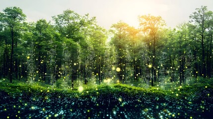 Fototapeta premium Digitally Rendered Depicting Numerical Data and Analytics Transforming into a Lush Verdant Forest Landscape to Represent Growth Through Insights and Technological Advancements