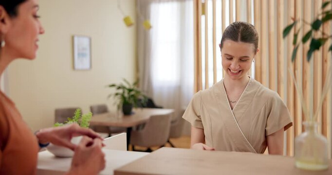 Tablet, receptionist and credit card with woman at spa for payment, holistic treatment center and welcome. Hospitality, fintech and beauty appointment with person at hotel resort for check in