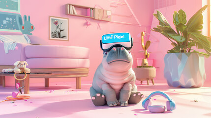 little hippo named Little Piglet is joyfully playing VR in vibrant pink room filled with playful decor and plants. scene captures whimsical and fun atmosphere