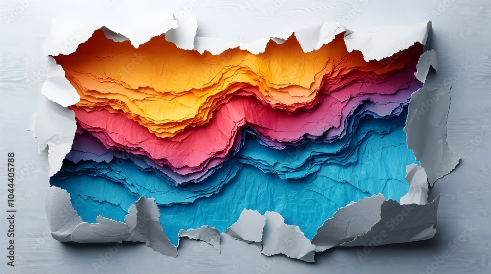 Poster torn paper turning into a colorful abstract canvas representing creativity breaking through minimali