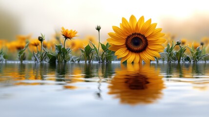 Sunflowers reflected in calm water, creating a serene landscape.