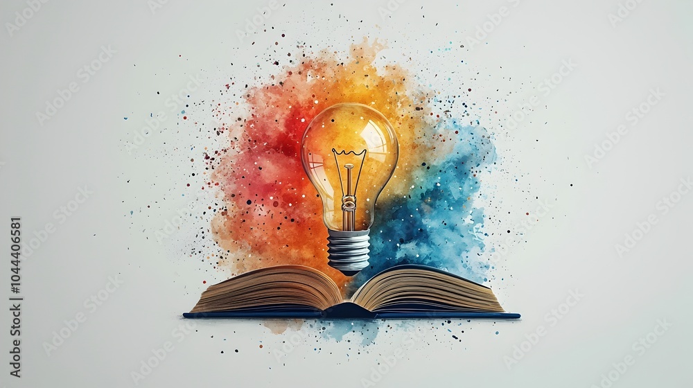 Poster flat design of a book transforming into a lightbulb representing how knowledge and learning can insp