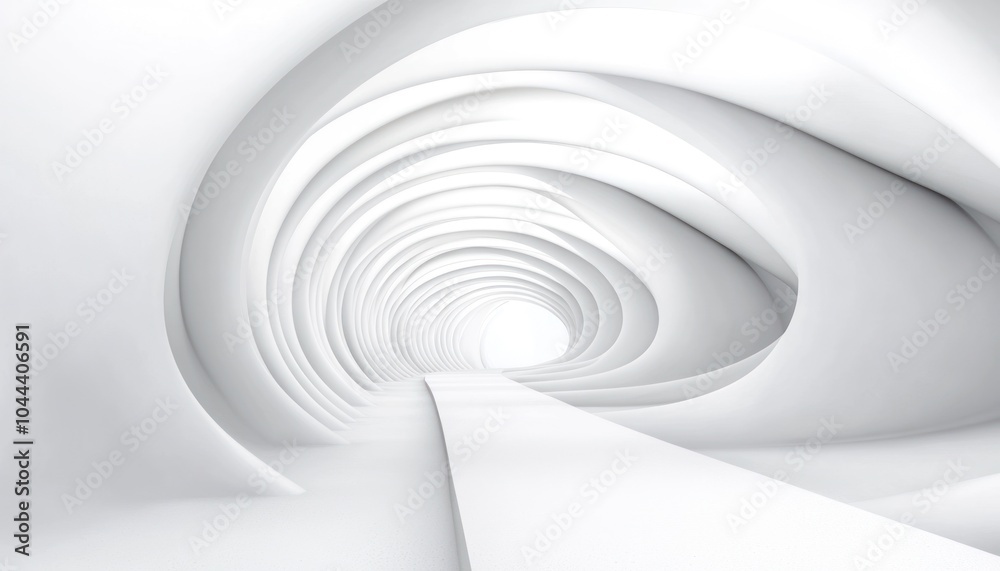 Poster abstract white curved tunnel with a bright light at the end