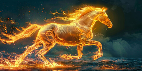 a horse with fire flames, Majestic Horse Surrounded by Fiery Flames, 