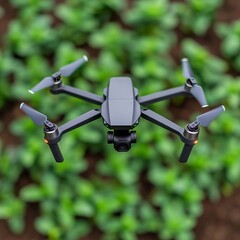 A drone hovering above green plants in a natural setting.
