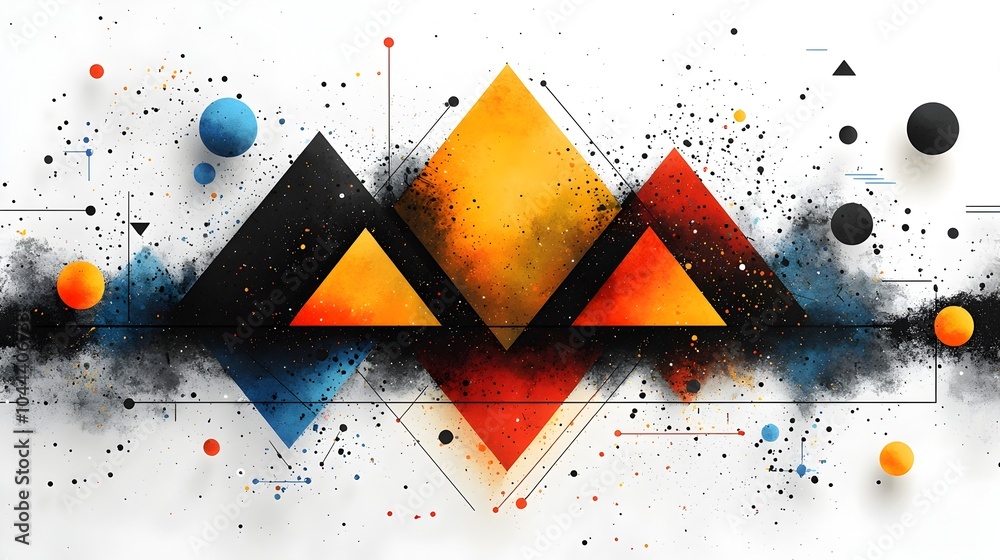 Poster visually striking abstract composition of dynamic geometric shapes and patterns transforming and int