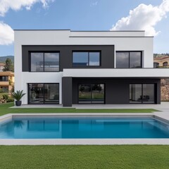 Modern two-story house with a pool and landscaped yard.