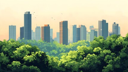 Fototapeta premium Flat design depicting a city expanding into and blending with the surrounding forest showcasing the concept of urban growth harmoniously integrating with the natural environment