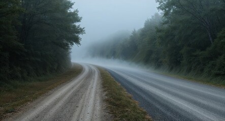 Fototapeta premium Fog creeping along an unpaved road bordered by dense foliage background mysterious scene inviting intrigue and exploration into the unknown
