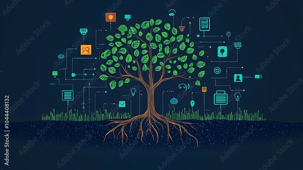 Poster intertwining tree roots seamlessly integrating with digital technology symbolizing the connection be