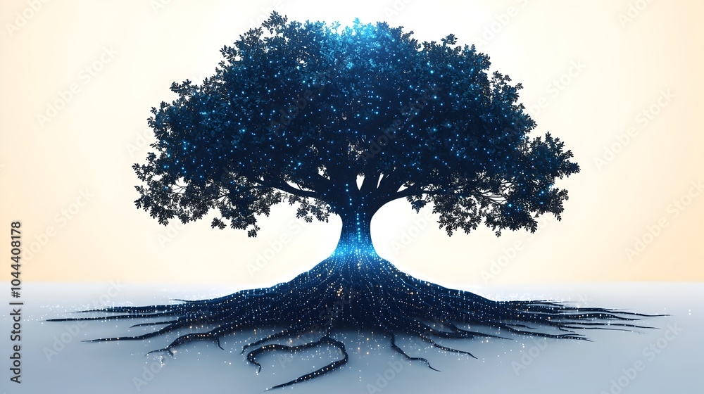 Poster depicting tree roots intertwining with technological elements symbolizing the connection between nat