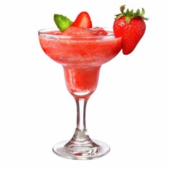 A fruity Strawberry Daiquiri with strawberry garnish, presented against an isolated white...