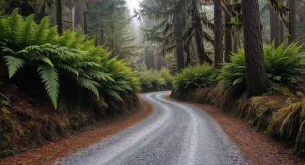 Fototapeta premium Narrow gravel road winding through tall ferns and bushes background rustic scenery creating a sense of adventure in the heart of nature