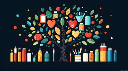 Obraz premium Tree Turning into Various Art Supplies Creative Growth and Expression Concept Flat Design on White Background