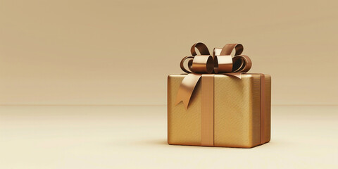a gold wrapped present with a bow, Festive Gold Gift Box Tied with a Gorgeous Bow, 