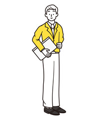 ノートパソコンを持つ男性会社員の全身を描いたシンプルなイラスト素材