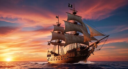 Fototapeta premium Pirate ship sailing into a fiery sunset on the horizon background breathtaking view capturing the beauty and excitement of life at sea