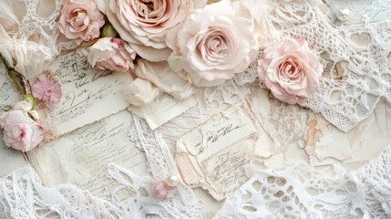 Romantic vintage arrangement with pink roses, lace, and handwritten letters evoking elegance and timeless beauty in girlhood and beauty lifestyle