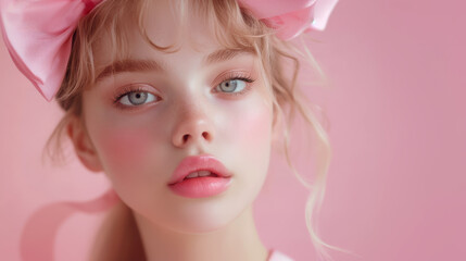 Fototapeta premium Portrait of a young girl with pink lips and bow against a soft pink background celebrating girlhood and beauty lifestyle