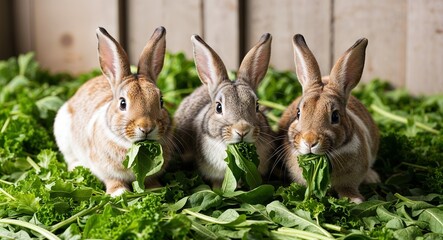 Obraz premium Rabbits munching on fresh greens in a pen background adorable bunnies enjoying a healthy diet promoting wholesome farm practices