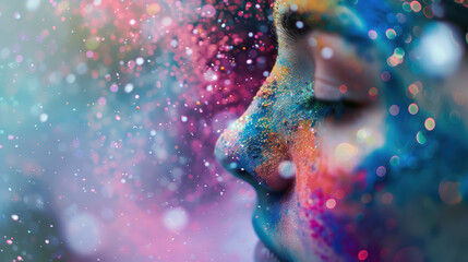 vibrant moment captured at color festival, showcasing close up of face adorned with colorful powders and sparkles, evoking joy and celebration
