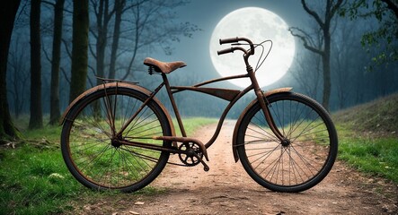 Rusty old bicycle abandoned beside a forest path under soft moonlight background nostalgic scene inviting contemplation of past journeys through nature