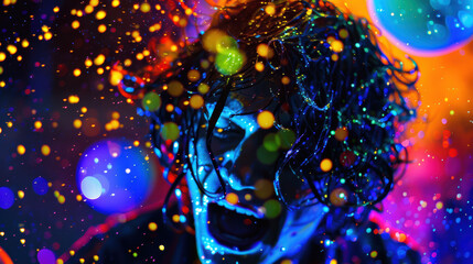 vibrant moment captured at color festival, showcasing person immersed in colorful splashes and lights, expressing joy and excitement. atmosphere is filled with energy and celebration