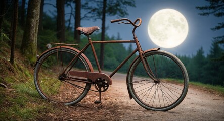 Fototapeta premium Rusty old bicycle abandoned beside a forest path under soft moonlight background nostalgic scene inviting contemplation of past journeys through nature