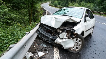 Damaged and Wrecked Car After Colliding with Guardrail on Winding Forest Road Aftermath of Automobile Accident
