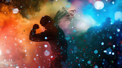 Naklejka premium vibrant scene capturing single moment at color festival, showcasing silhouette against backdrop of colorful powders and sparkling lights, evoking joy and celebration