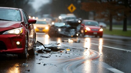 Chaotic scene of a multi car accident on a wet urban street with multiple damaged vehicles skid marks