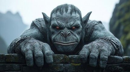 A troll guarding a bridge, massive and imposing, but with a hint of curiosity